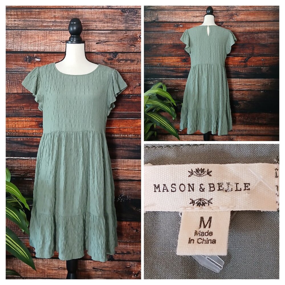 NEW Mason & Belle Dress M Sage Green Textured Swing Flutter Sleeve Pockets